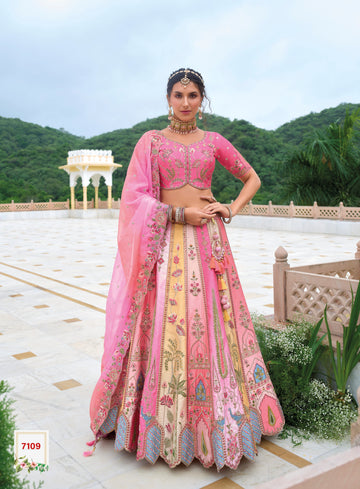 Multi Color Beautiful Traditional Designer Elegant Embroidery Work Cut Work Silk Lehenga - 7109